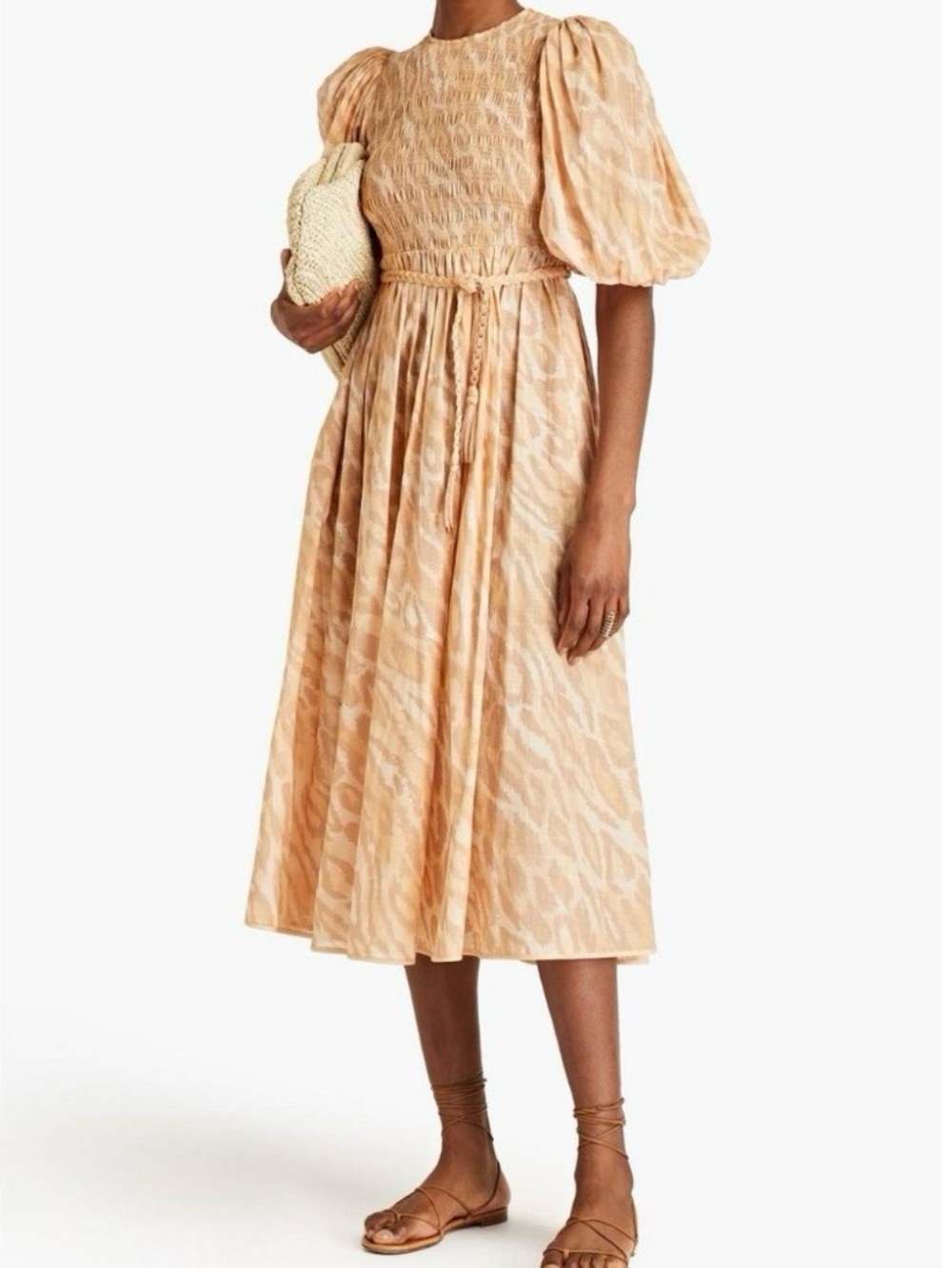 Zimmermann Leopard Print Cotton Gauze Shirred Midi Dress 0